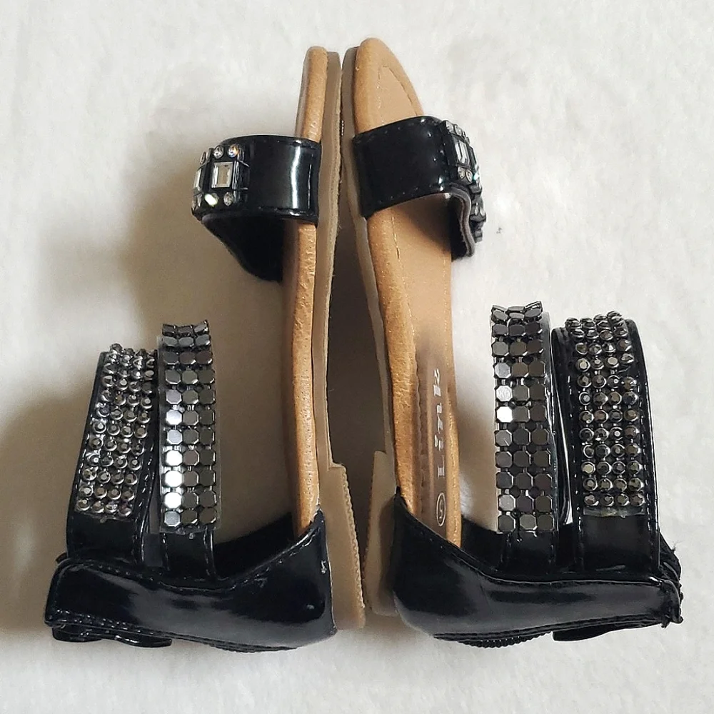 Black Rhinestone & Metal Zip Back Sandals Baby Girl Size 5 Shoes - Picture 9 of 11